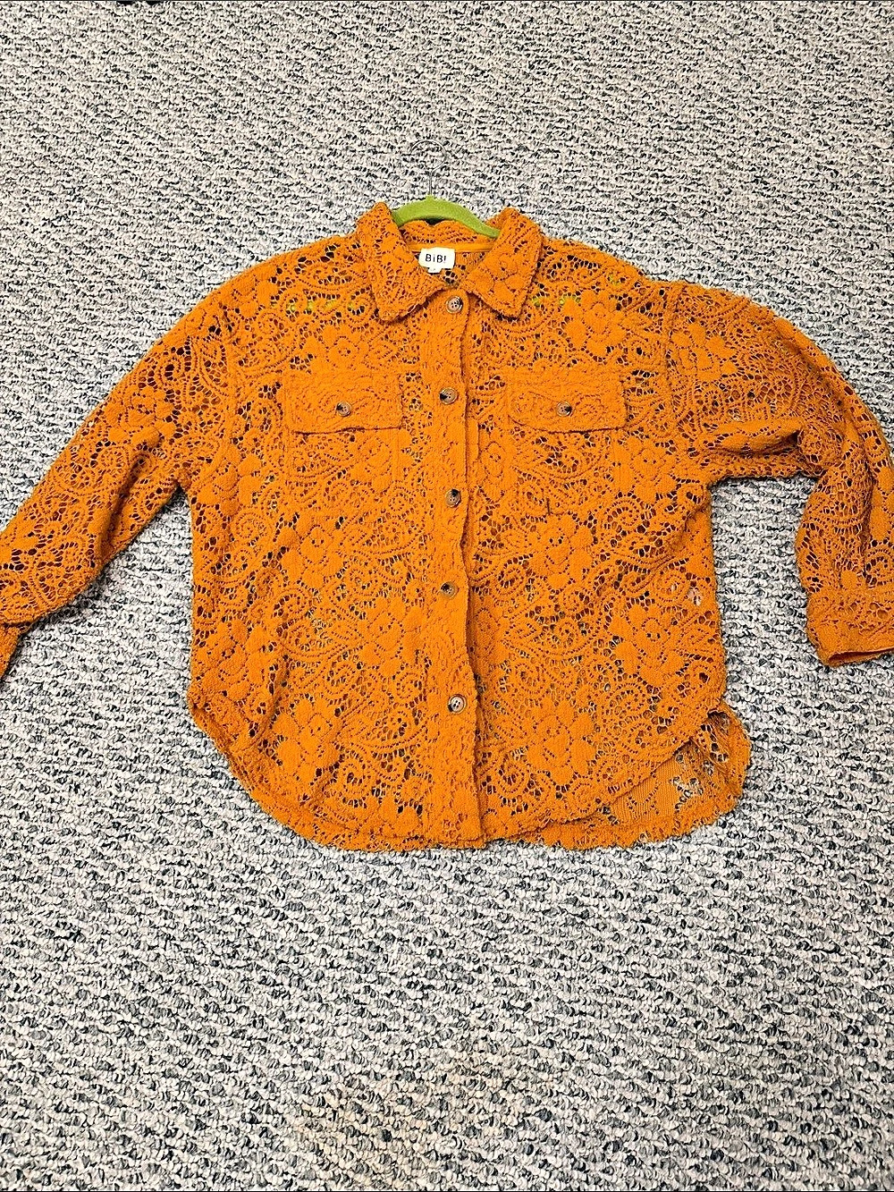 Bibi Crochet Button Down Shirt in Orange Size Small